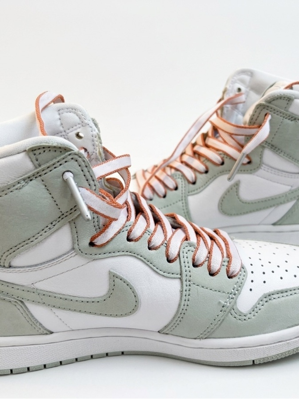 Jordan High-Top Sneakers in Sage Green, White & Copper Laces